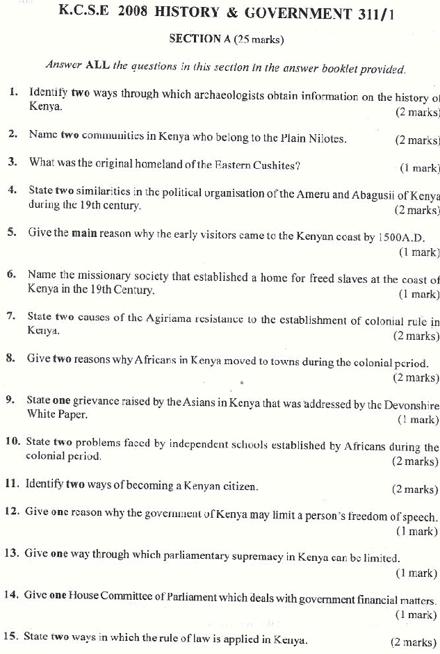 History kcse papers